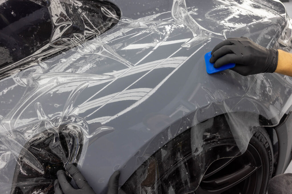Aufziehen von PPF Schutzfolie auf Kotflügel von grauem Porsche GT3 RS